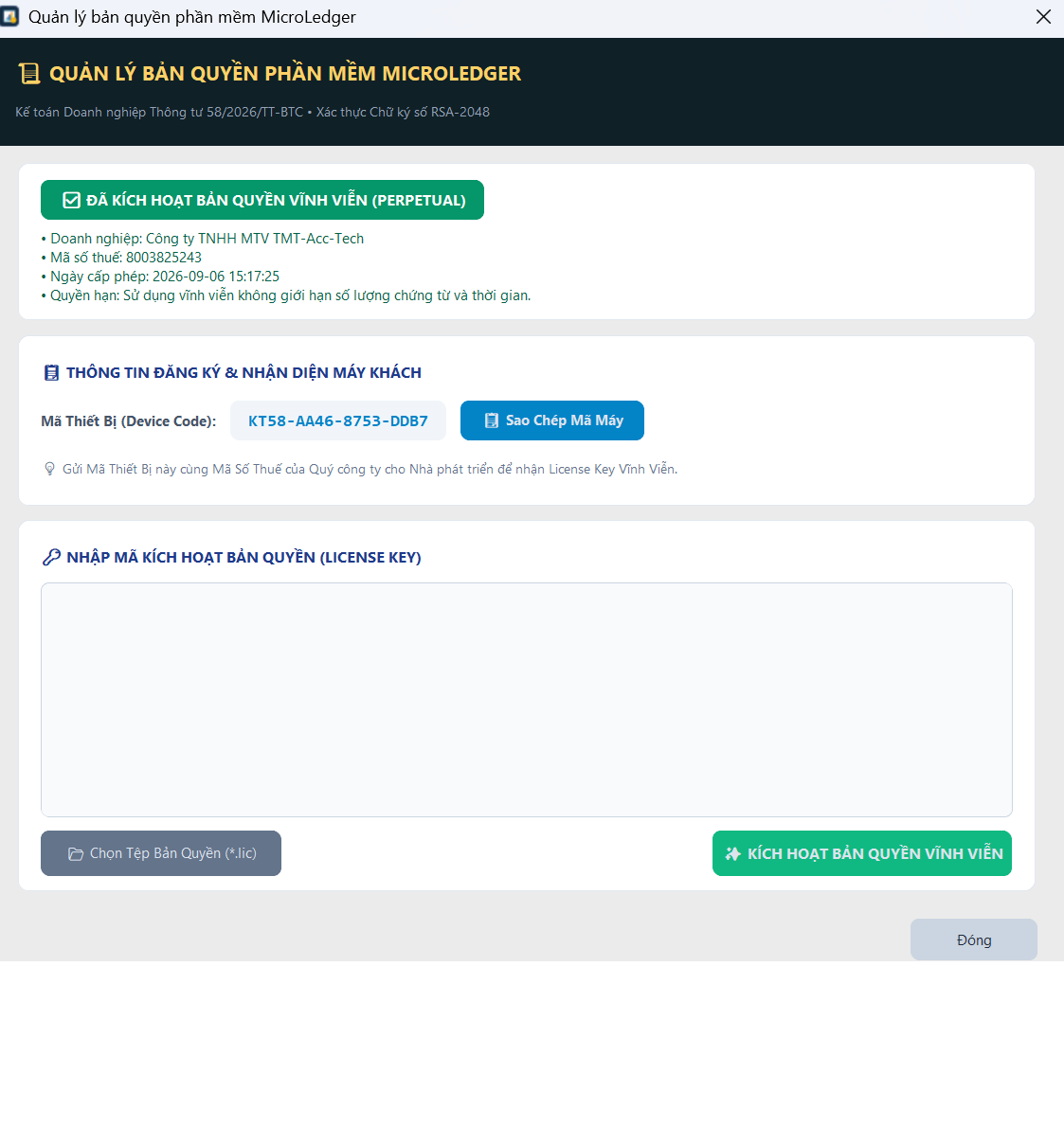 Kích hoạt bản quyền MicroLedger